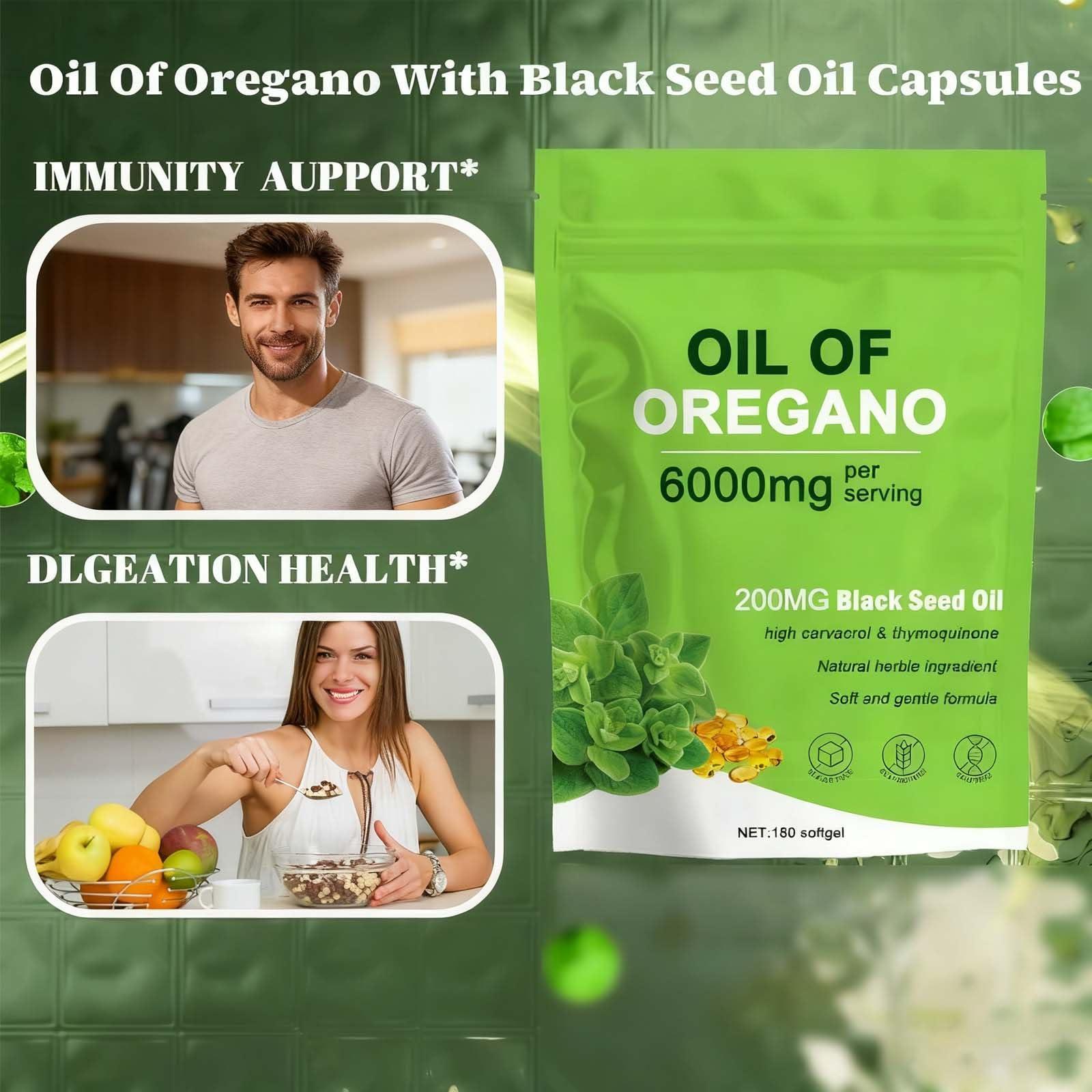 2-in-1 oregano oil and black seed oil capsules (6000mg) close-up