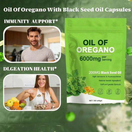 2-in-1 oregano oil and black seed oil capsules (6000mg) close-up