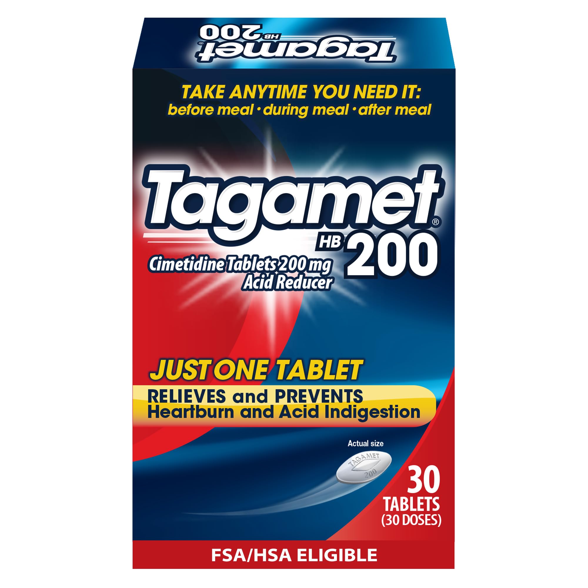 Tagamet HB 200 tablet close-up showing acid reduction for heartburn relief.