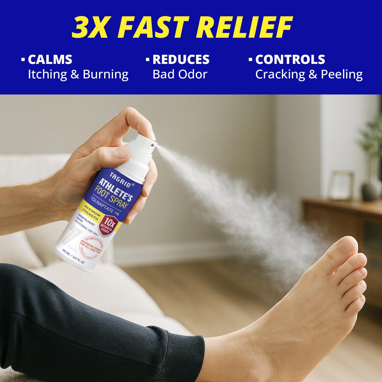 TAGRID anti-itch spray provides cooling relief on irritated skin.
