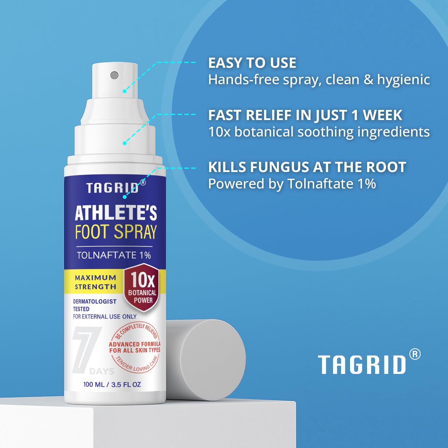 TAGRID fast-drying antifungal formula dries quickly after use.
