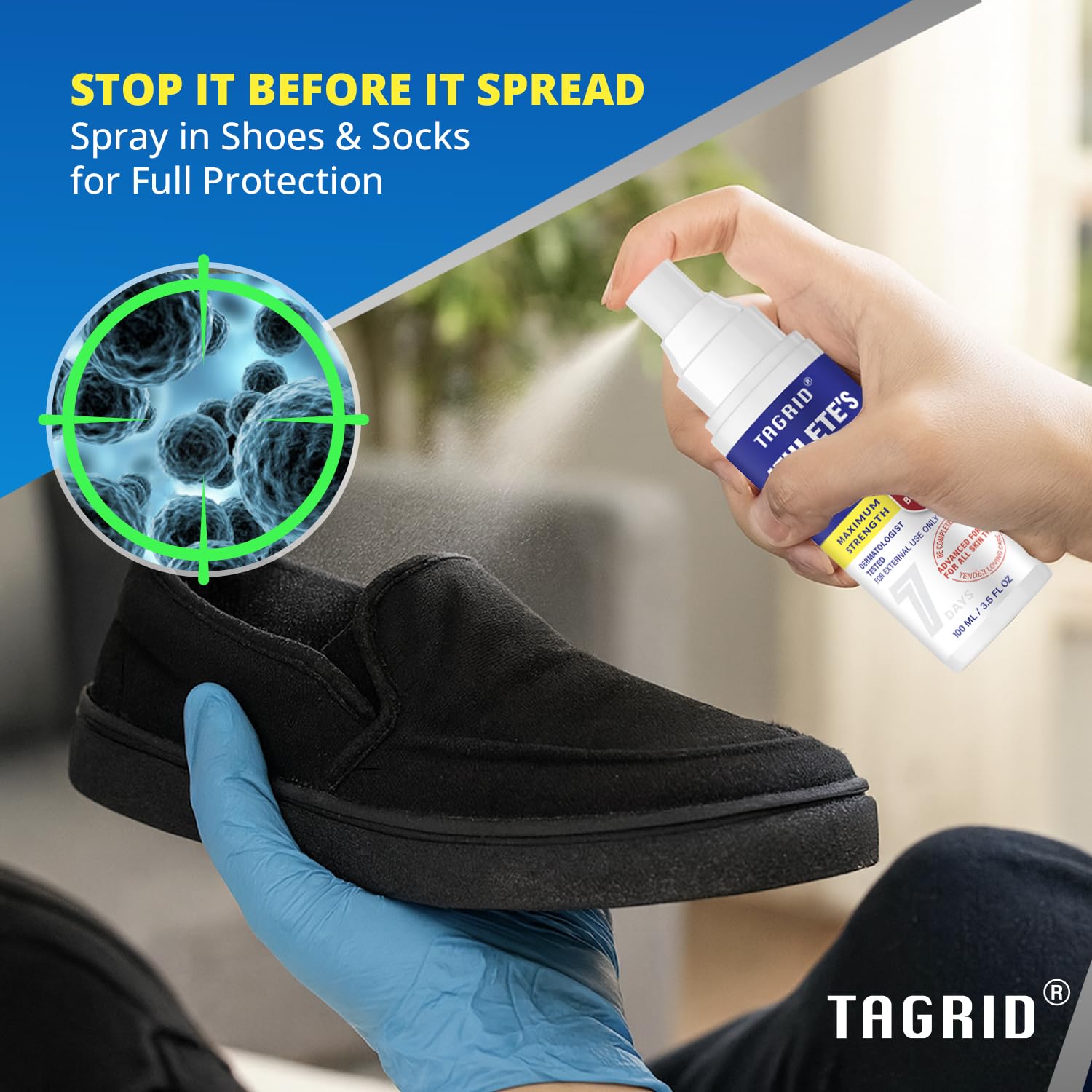 TAGRID odor-eliminating foot spray helps feet stay fresh all day.