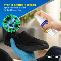 TAGRID odor-eliminating foot spray helps feet stay fresh all day.