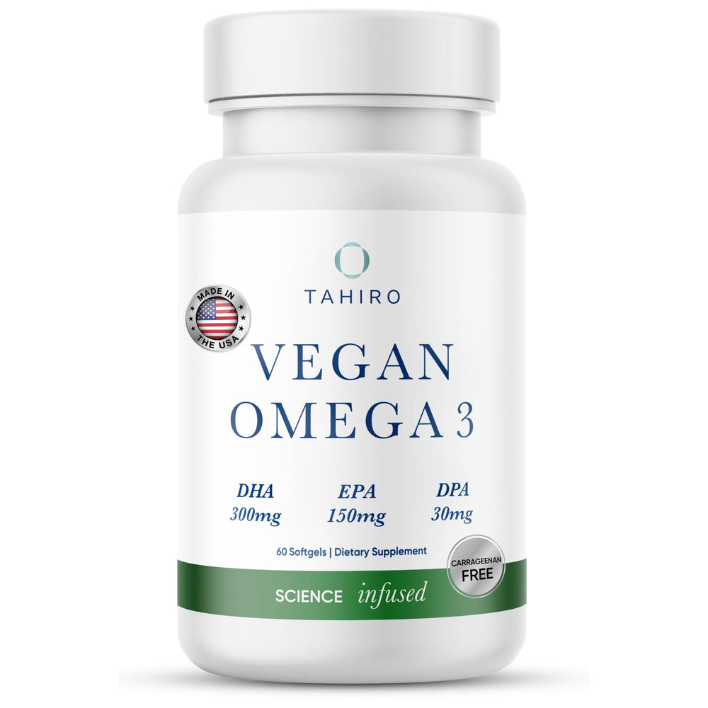 TAHIRO Vegan Omega-3 Softgels bottle on a clean white background