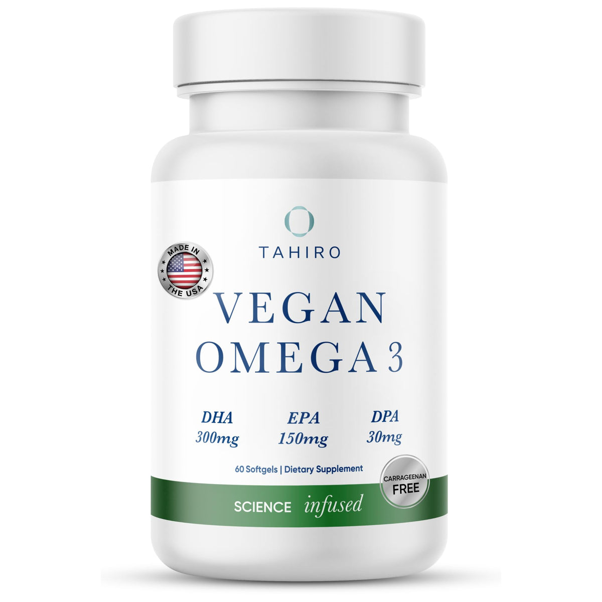 TAHIRO Vegan Omega-3 Softgels bottle on a clean white background