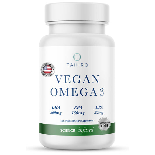 TAHIRO Vegan Omega-3 Softgels bottle on a clean white background