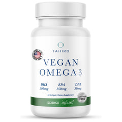 TAHIRO Vegan Omega-3 Softgels bottle on a clean white background