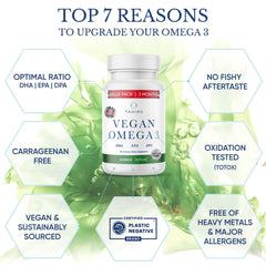 Close-up of omega-3 capsules showing DPA 30mg, EPA 150mg, DHA 300mg per serving on the label