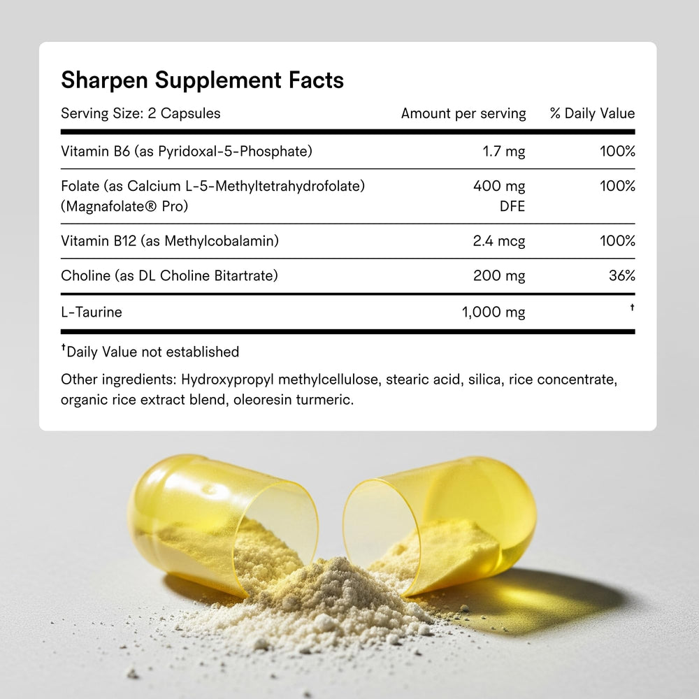 Vegan, Non-GMO labeling on Tally Health Sharpen packaging