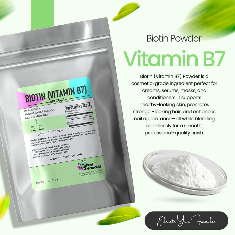 Biotin Vitamin B7 powder close-up in scoop