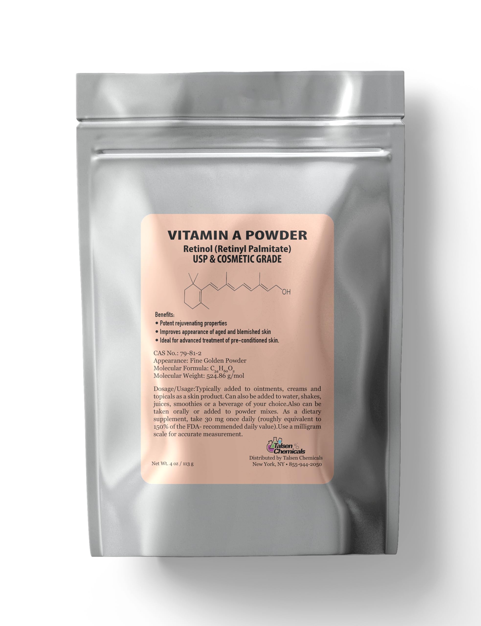 Vitamin A powder bottle label showing Retinyl Palmitate and Retinol (4 oz / 113 g) USP & Cosmetic Grade