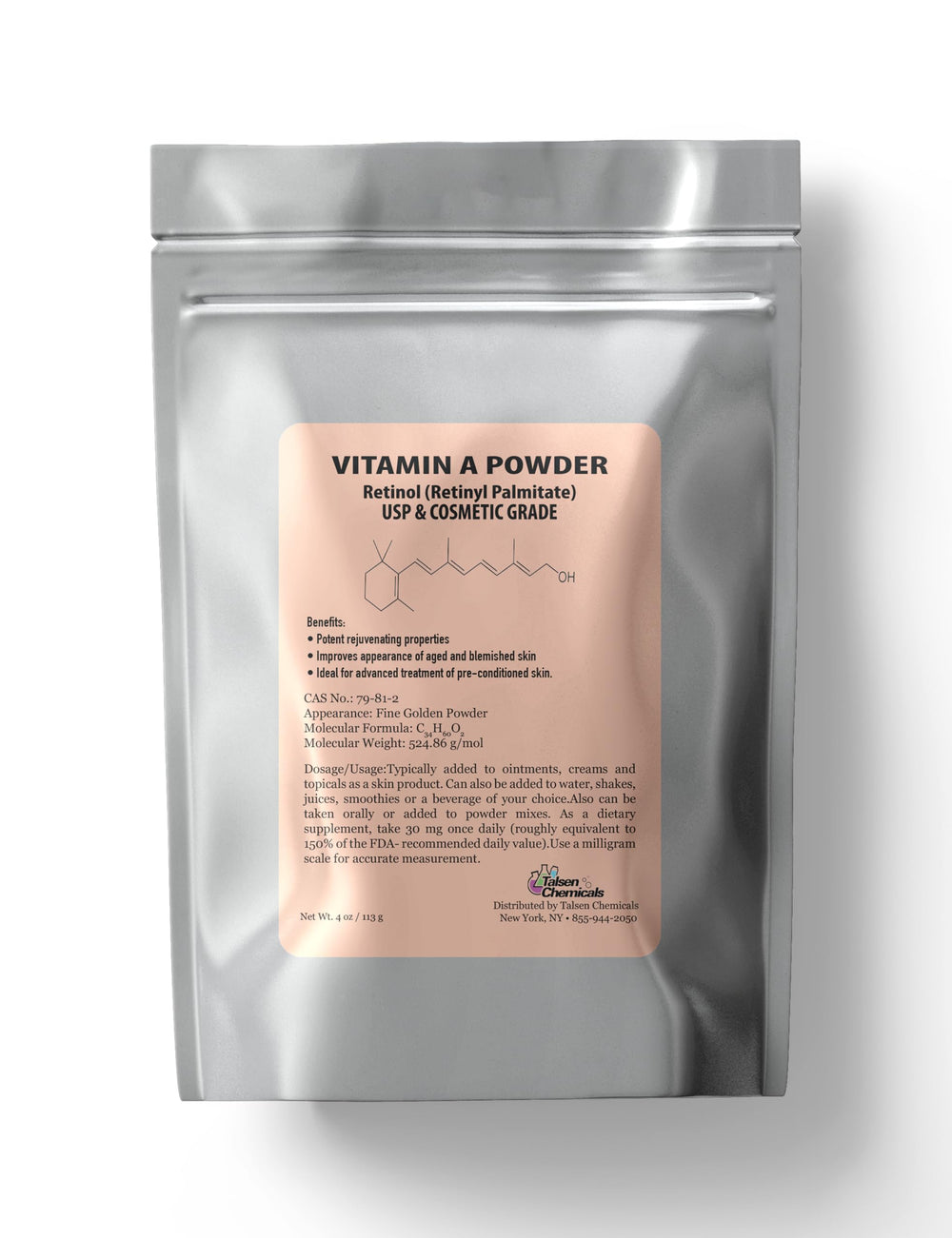 Vitamin A powder bottle label showing Retinyl Palmitate and Retinol (4 oz / 113 g) USP & Cosmetic Grade