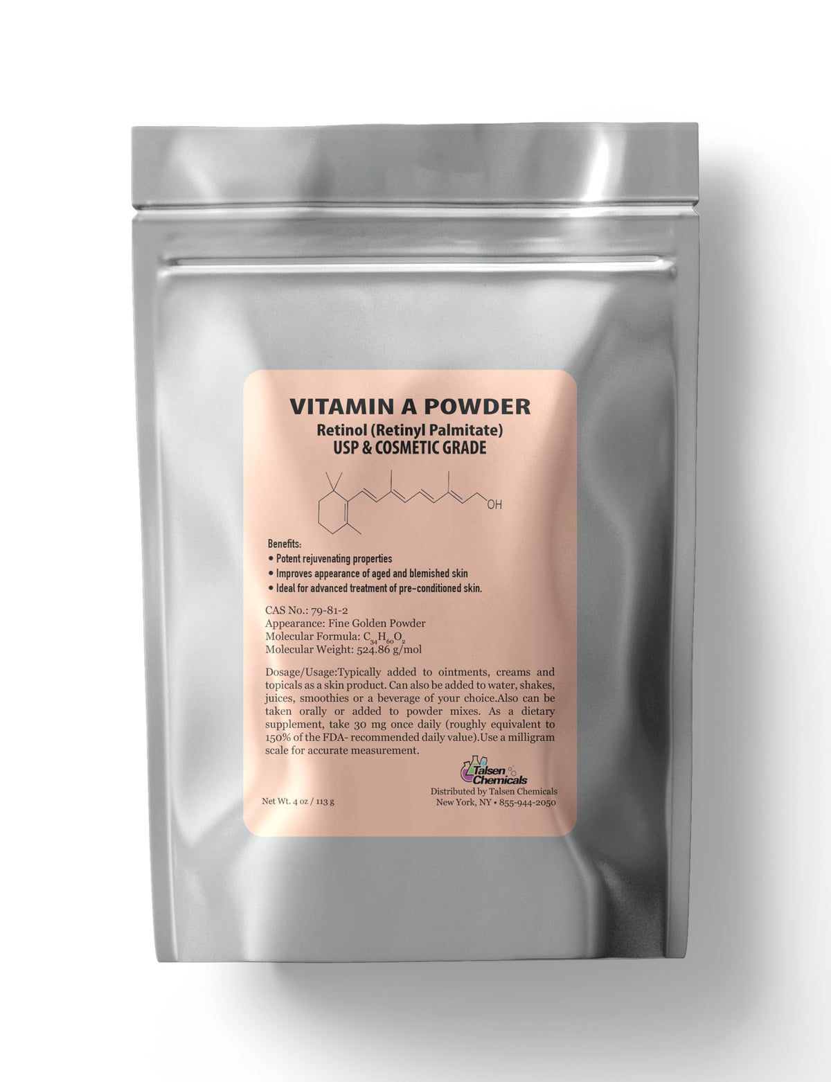 Vitamin A powder bottle label showing Retinyl Palmitate and Retinol (4 oz / 113 g) USP & Cosmetic Grade