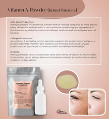 Flat lay of Vitamin A powder containers highlighting USP Grade and Cosmetic Grade
