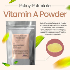 Container with Vitamin A powder and a scoop displaying Retinyl Palmitate and Retinol