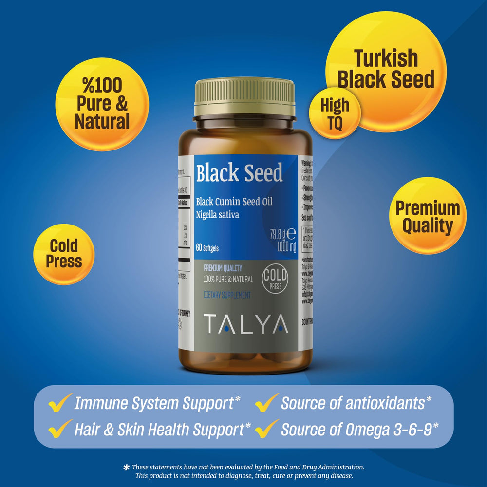 Close-up of TALYA Black Seed Oil Softgels showing texture