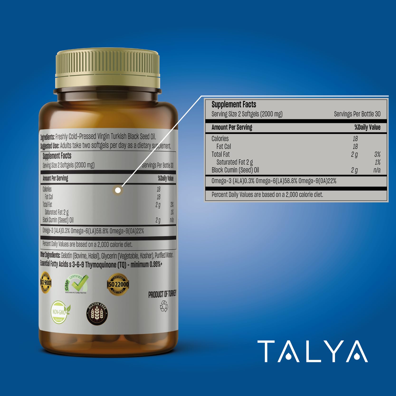 High Thymoquinone content highlighted on TALYA packaging
