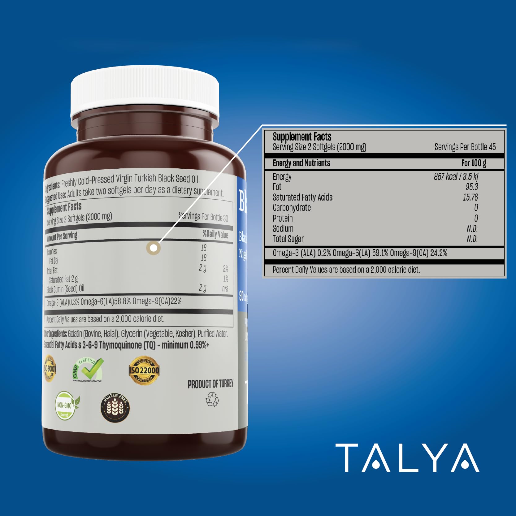 Non-GMO TALYA black seed oil label