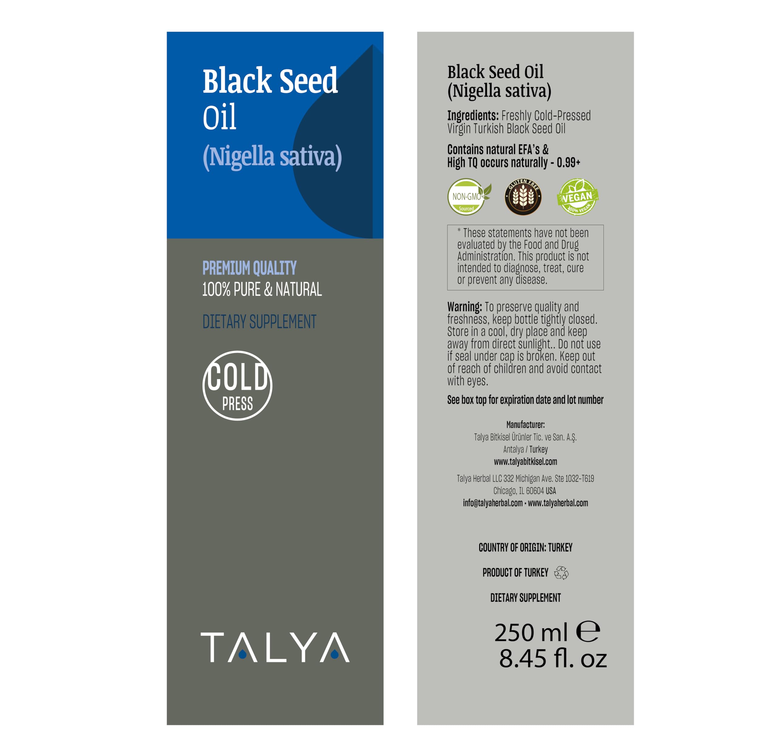 TALYA black seed oil bottle displayed on a surface