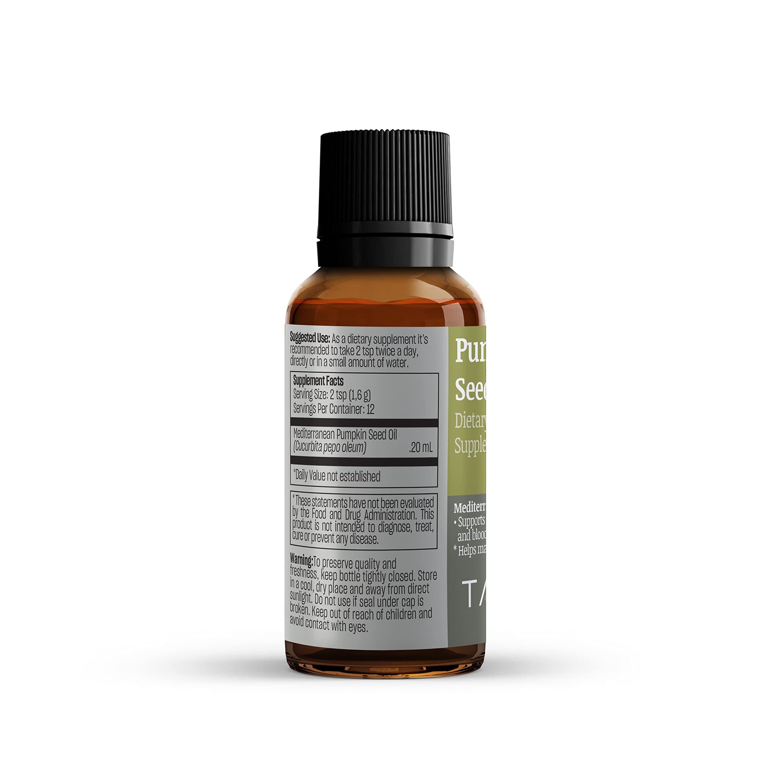 TALYA Pumpkin Seed Oil packaging – compact 0.67 fl oz bottle for on-the-go use.