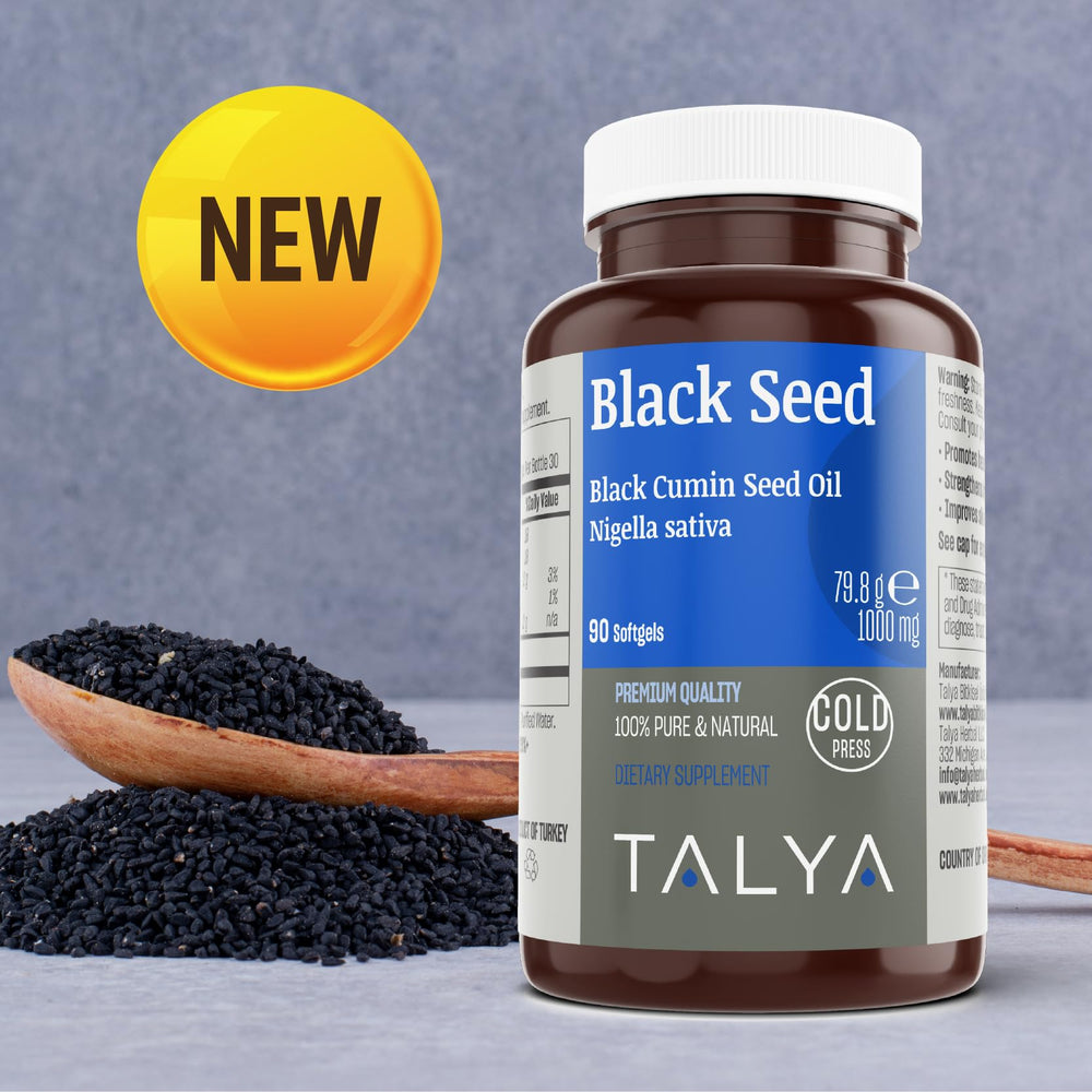 Close-up of TALYA black seed oil softgel capsules