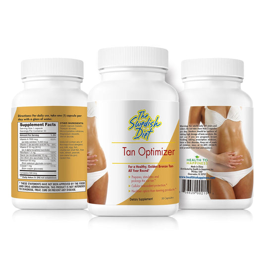 Tan Optimizer bottle and capsules on white background