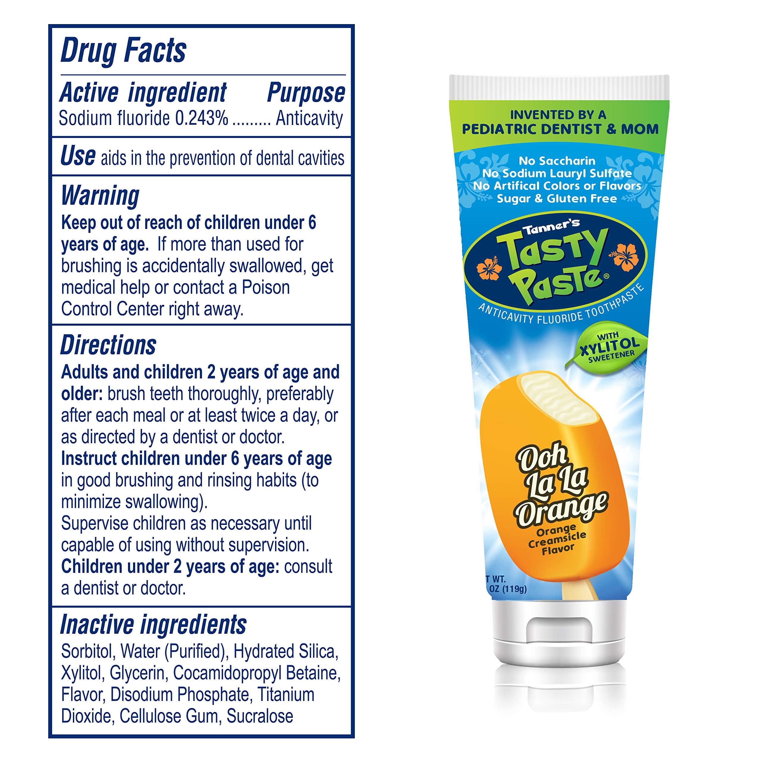 Orange-flavored kids toothpaste packaging