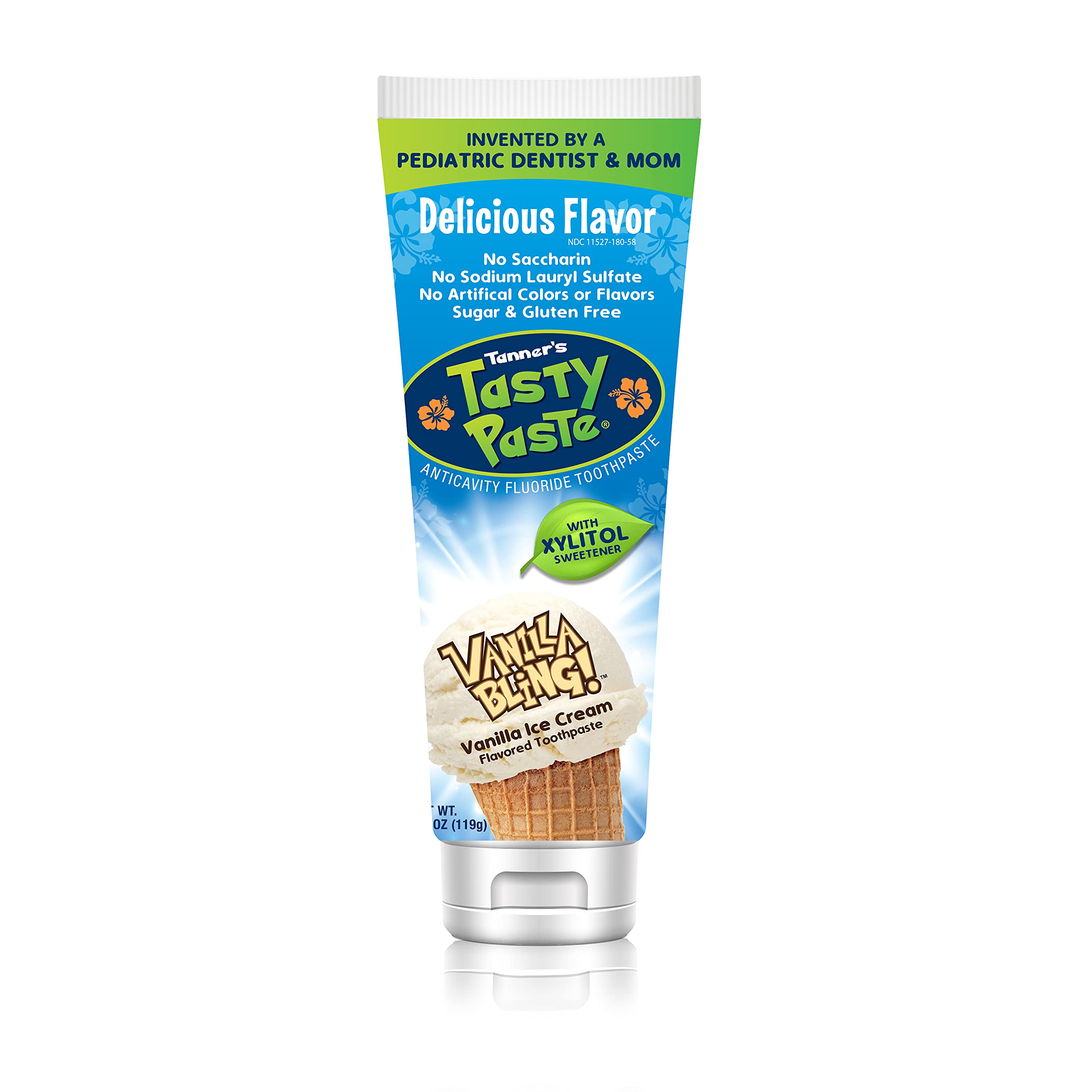 Box front of Tanner's Tasty Paste Vanilla Bling toothpaste for kids