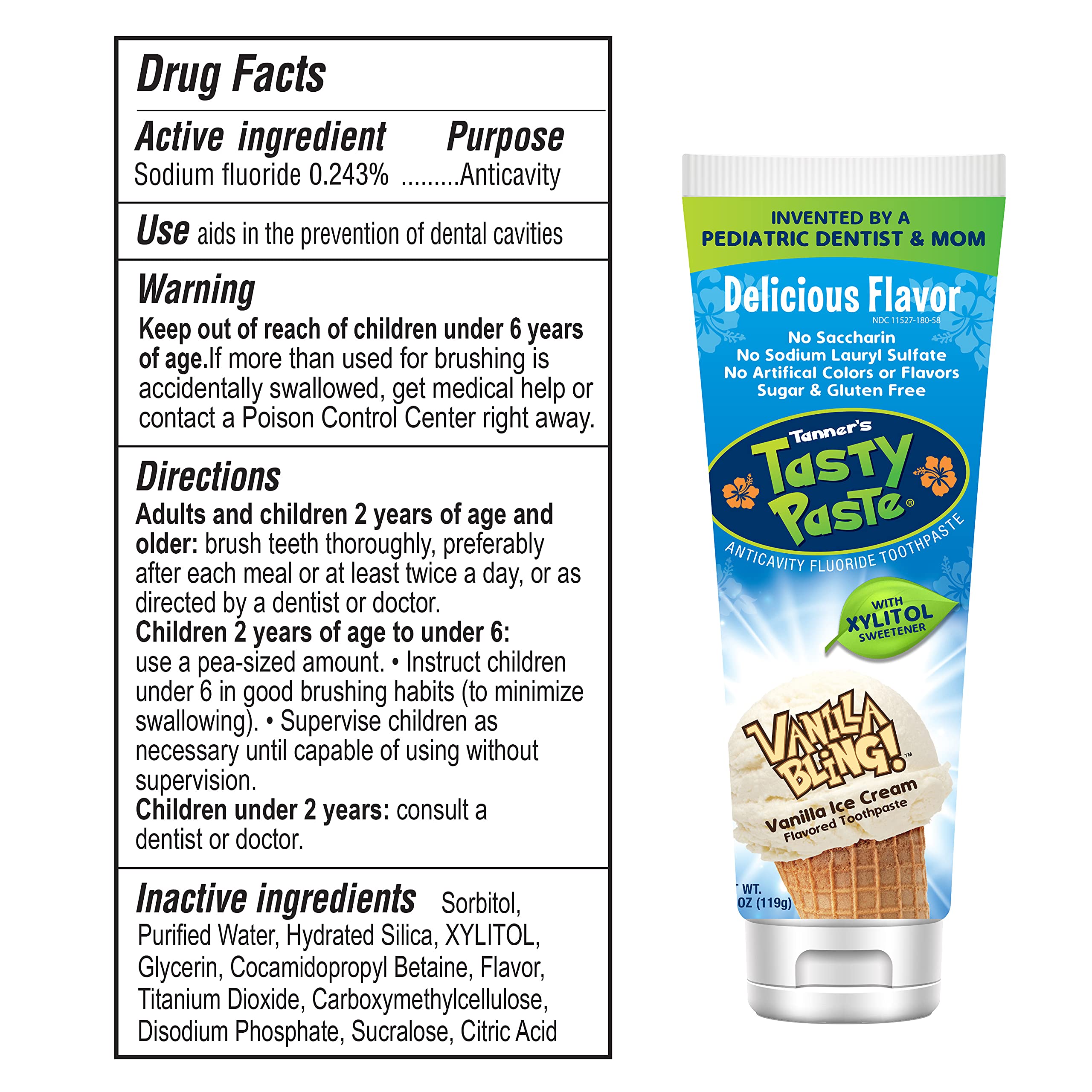 Close-up of bottle label showing fluoride and vanilla flavor