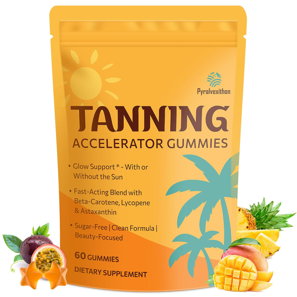 Tanning gummies bottle featuring astaxanthin and beta-carotene