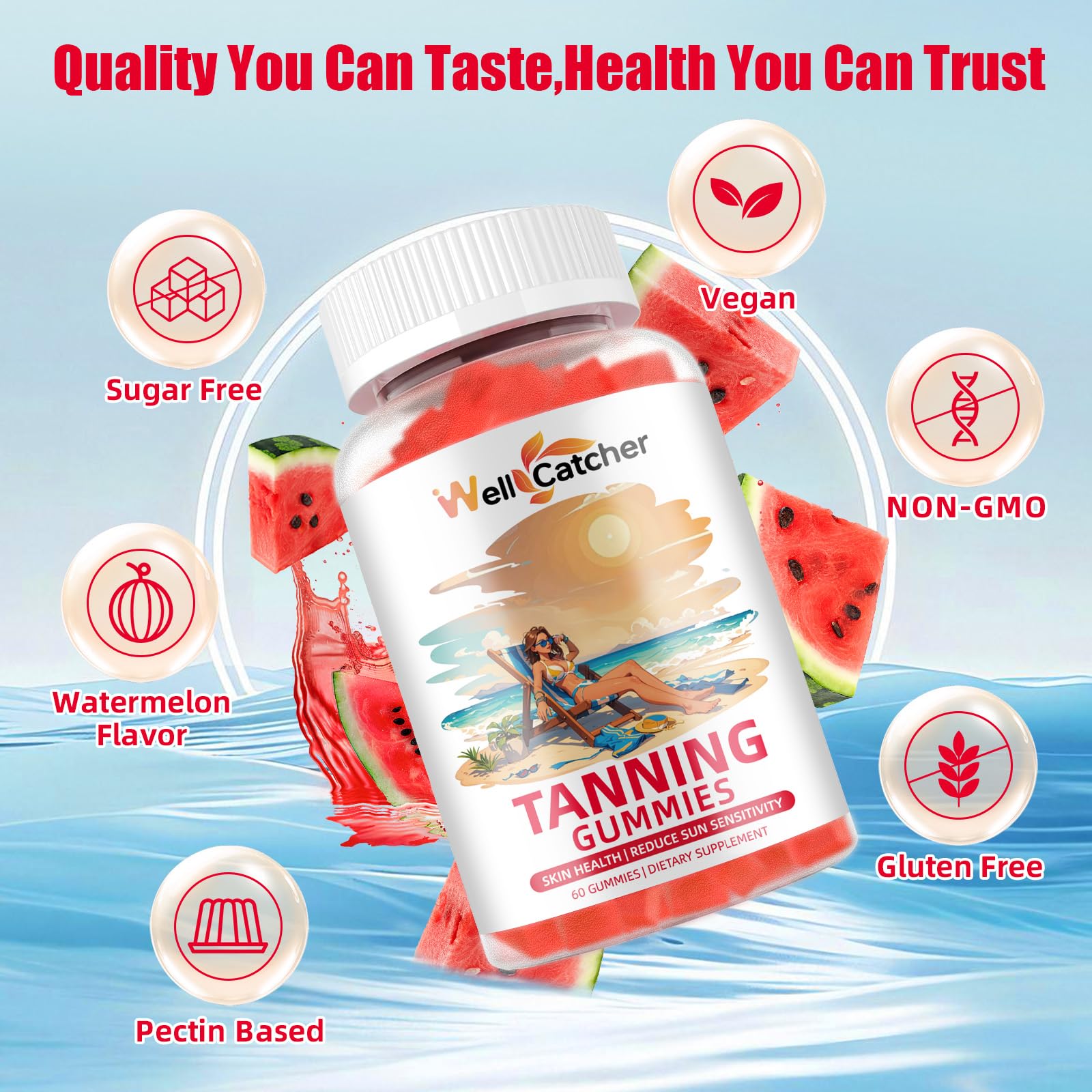 Label highlighting vegan, non-GMO, gluten-free, 60 gummies