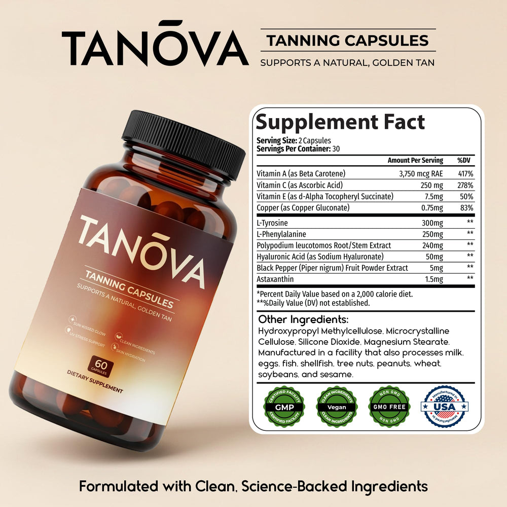 Tanova Tanning Pills featuring Polypodium Leucotomos detail for skin resilience.