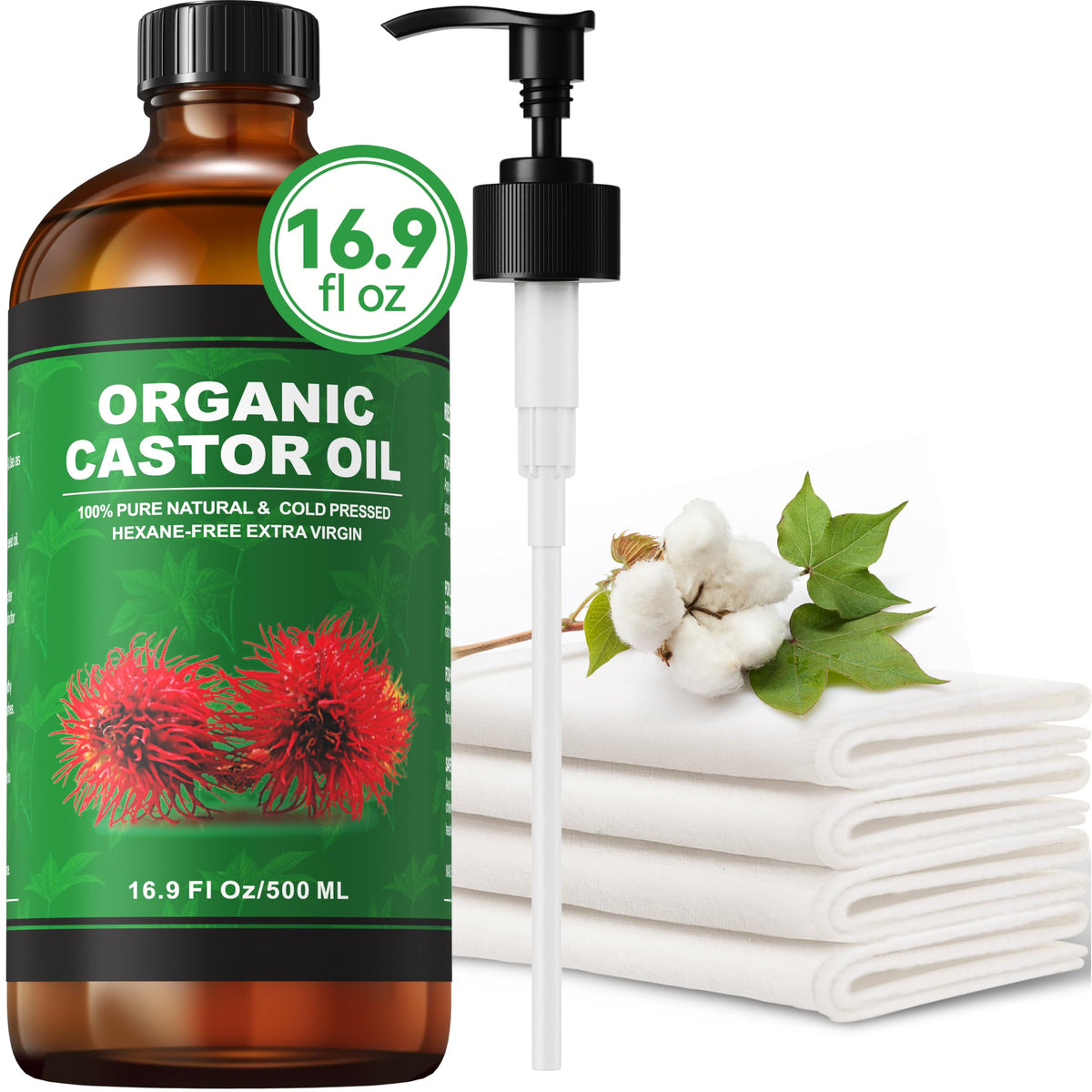 Taoscare organic castor oil in a 16.9 oz brown glass bottle