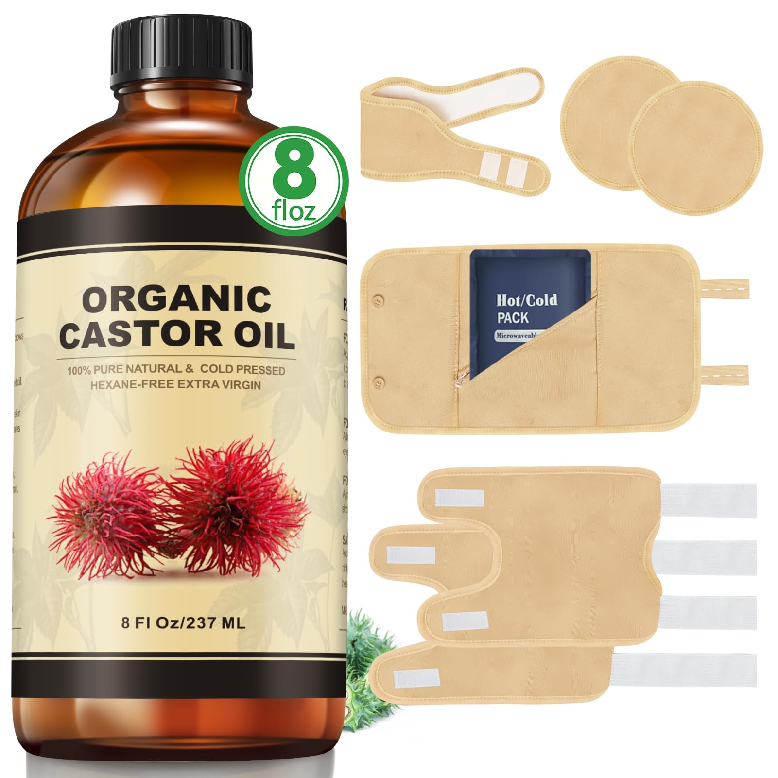 Taoscare Castor Oil Pack Wrap with 8oz organic castor oil bottle