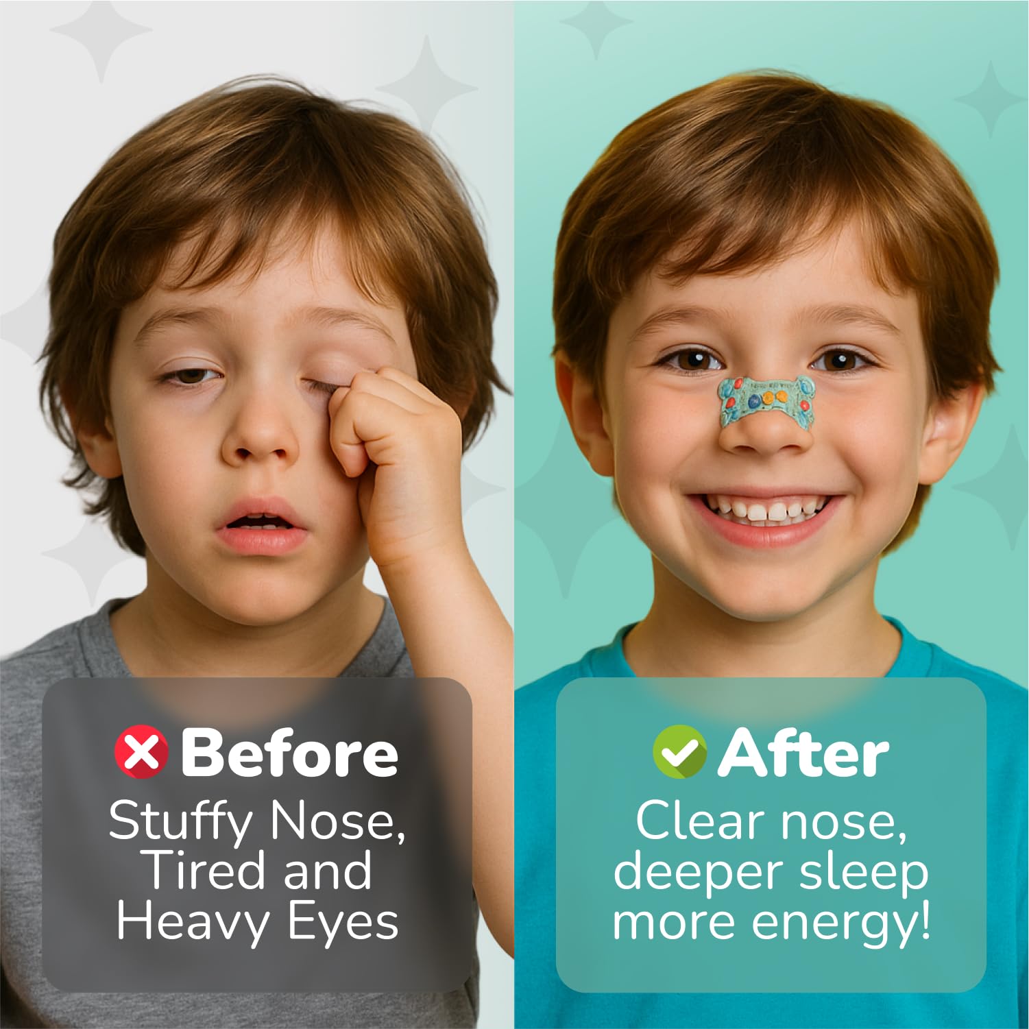 TapeGeeks nasal strips kids design close-up showing comfortable all-night fit.