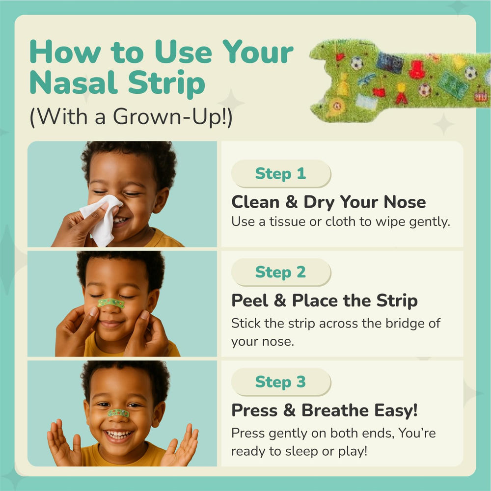 TapeGeeks nasal strips for kids worn during sleep for easier breathing.