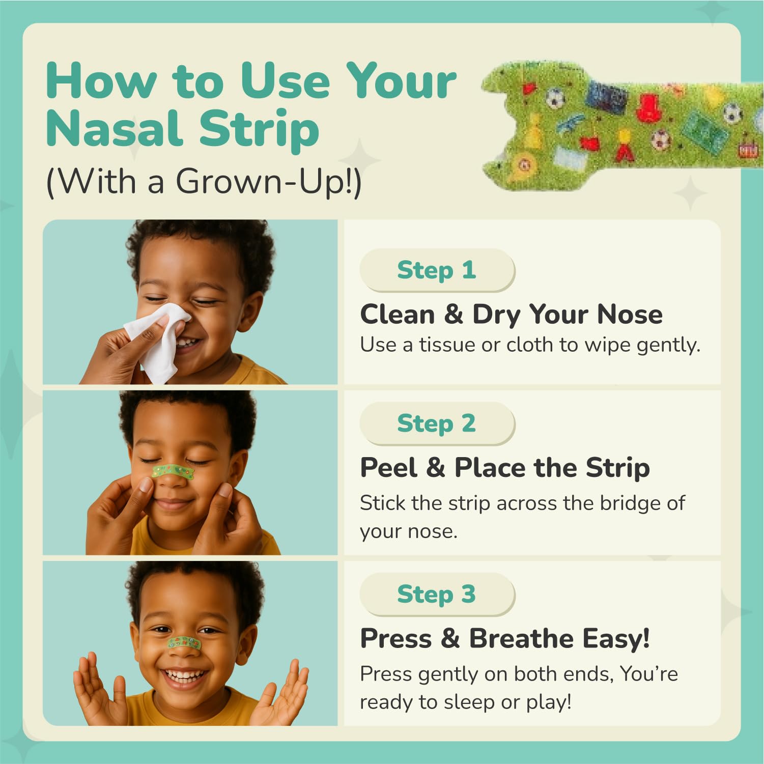TapeGeeks nasal strips for kids worn during sleep for easier breathing.