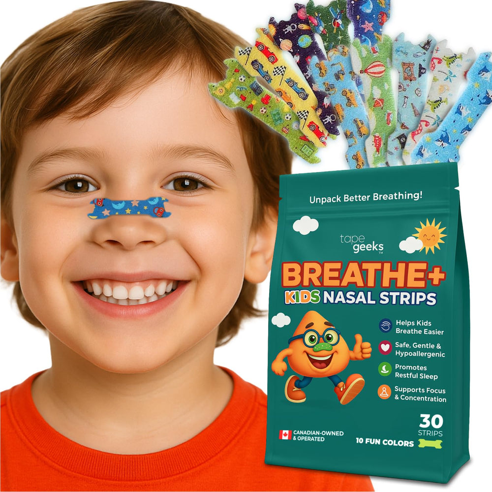 TapeGeeks Nasal Strips for Kids pack close-up with gentle adhesion for restful sleep.