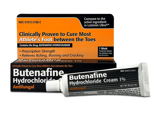 TARO Butenafine cream bottle label closeup showing prescription-strength antifungal formula.