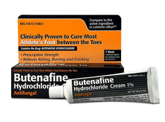 TARO Butenafine cream bottle label closeup showing prescription-strength antifungal formula.