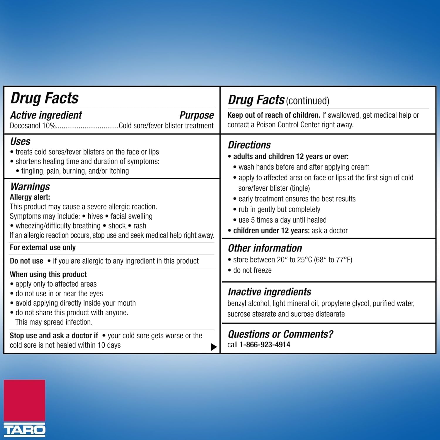 TARO Cold Sore Treatment tube closeup highlights fast absorbing formula for discreet use.