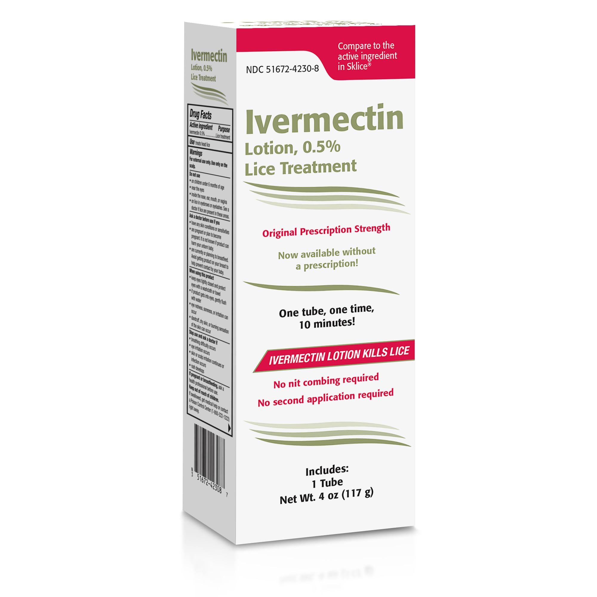 TARO Ivermectin Lotion bottle front, prescription-strength lice treatment in a single-use package