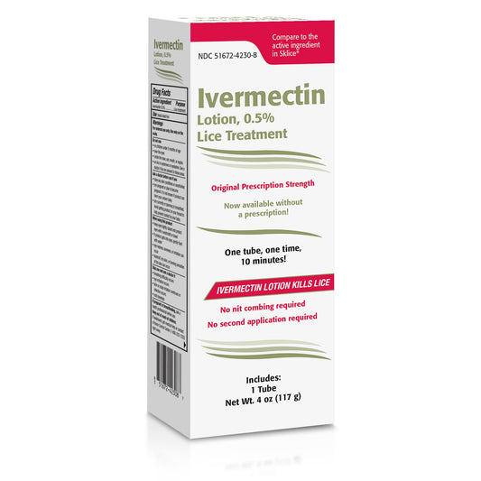 TARO Ivermectin Lotion bottle front, prescription-strength lice treatment in a single-use package