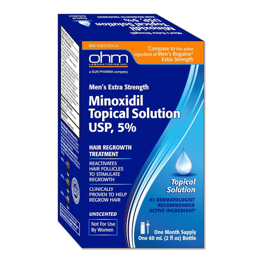 TARO Minoxidil 5% bottle promotes easy daily topical hair regrowth application.