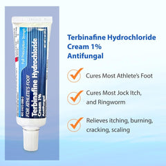 TARO Terbinafine 1% cream label close-up showing fast-acting relief.