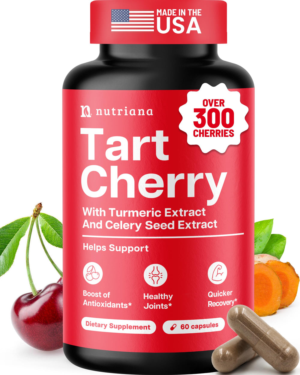 Bottle of 3-in-1 Tart Cherry Extract Capsules with Turmeric & Celery Seed – front view