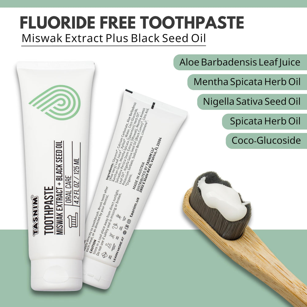 Close-up of Miswak extract and black seed oil ingredients