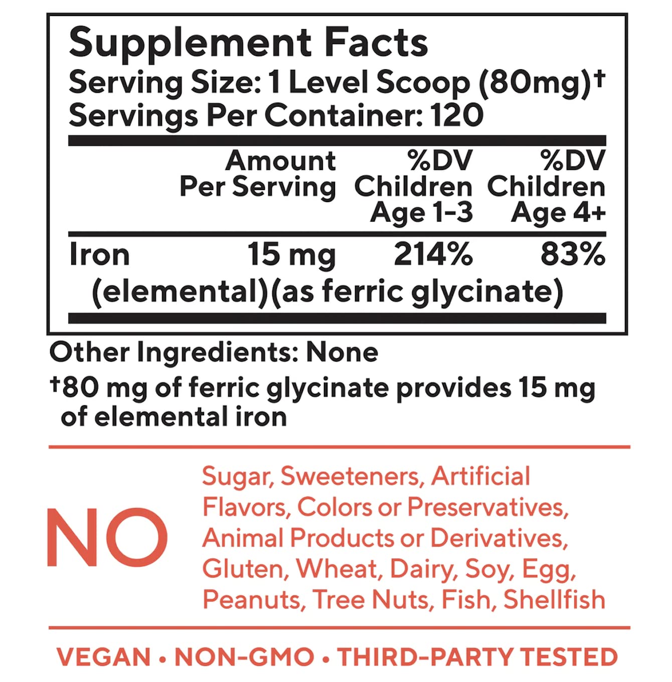 Close-up of Tasteless Iron for Kids bottle label
