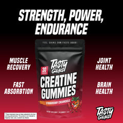 Sealed bottle of TASTY GAINS Creatine Gummies on countertop