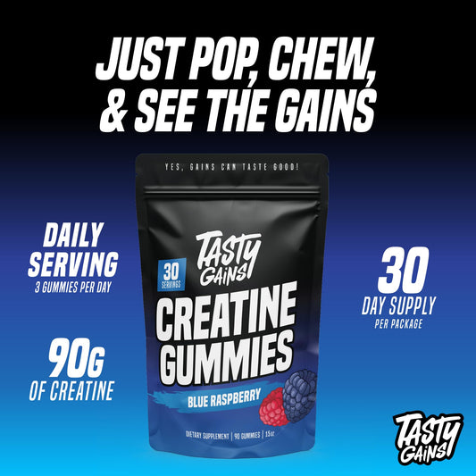 Bottle of TASTY GAINS Creatine Gummies 90g on a white background